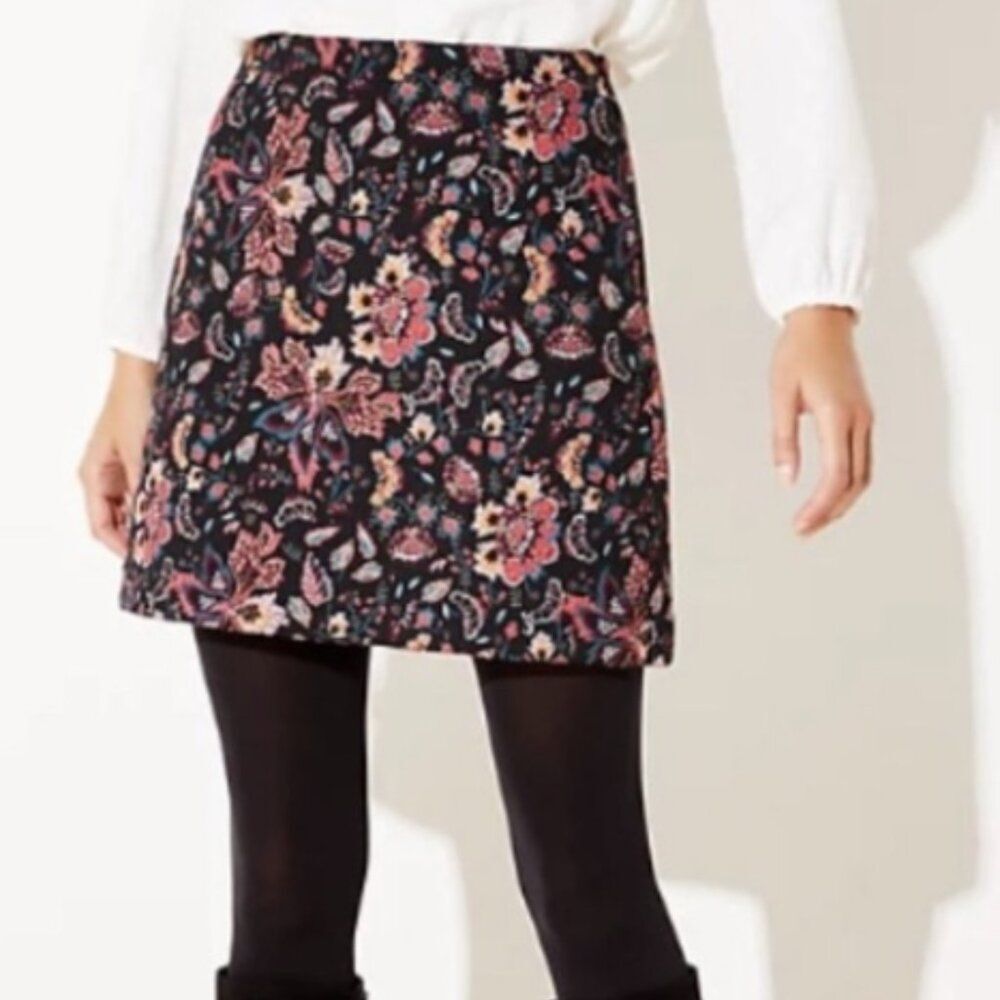 ANN TAYLOR LOFT Size 6 Tall Black Teal Red Lined Jacquard Mini Skirt A-Line